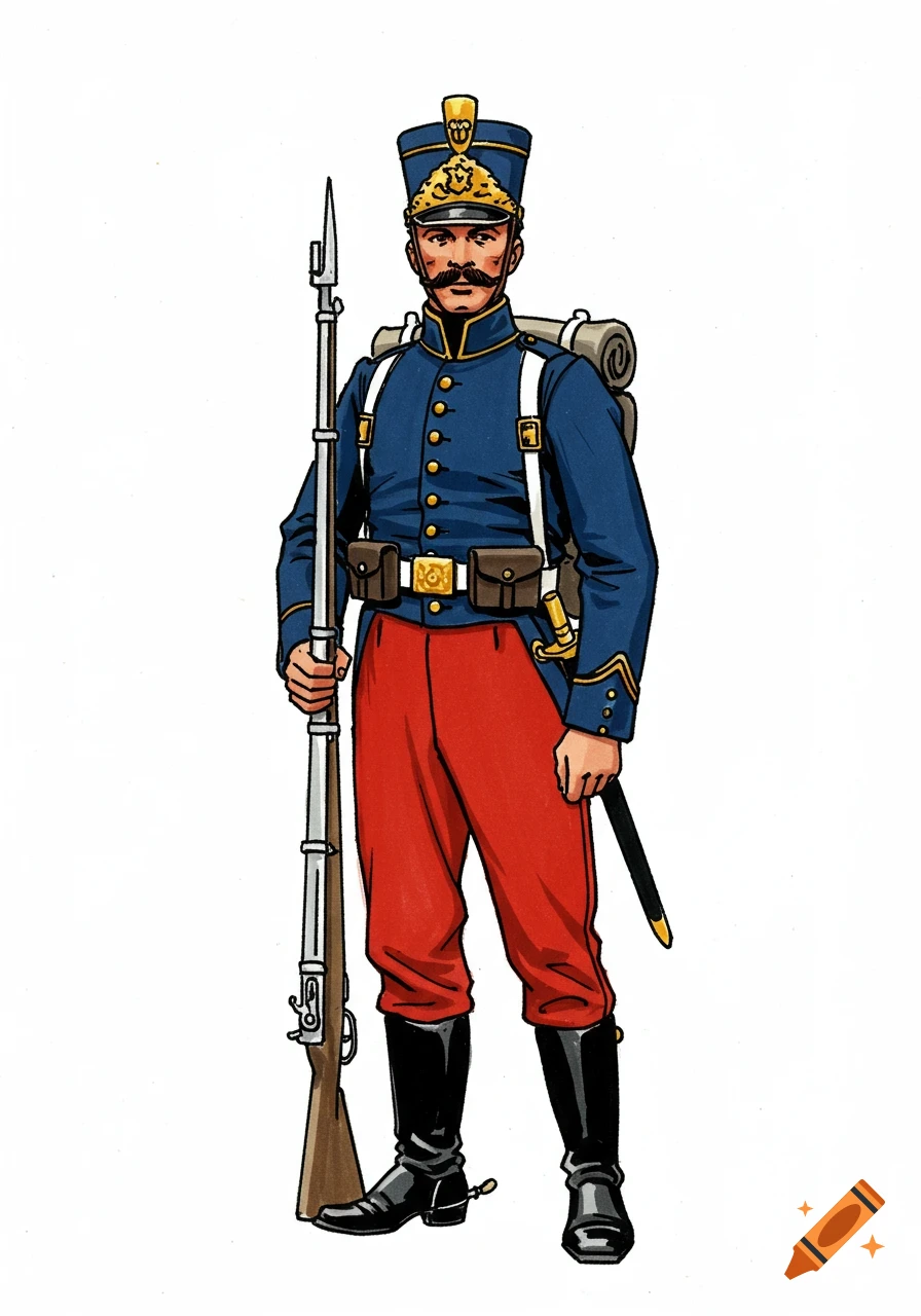 A colorful illustration of a French infantry soldier from the 1870 war, standing with a rifle on a white background.