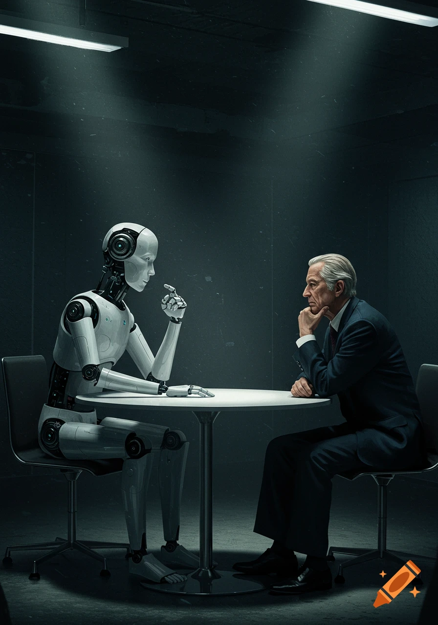 A photorealistic white humanoid robot and an older man in a suit sit at a table in a dimly lit room, facing each other in conversation.