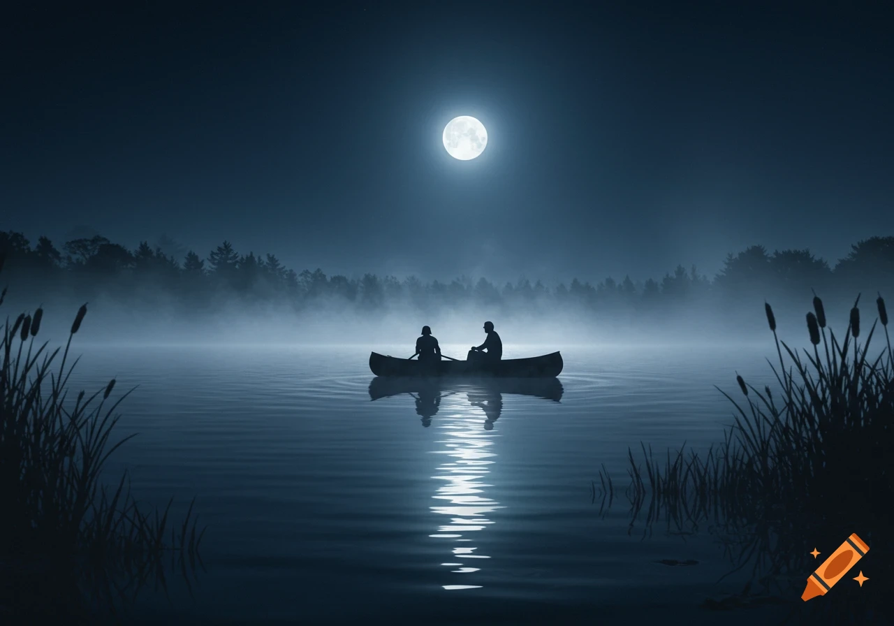 Silhouette of two people in a canoe on a misty lake at night, under a full moon, with reeds in the foreground.