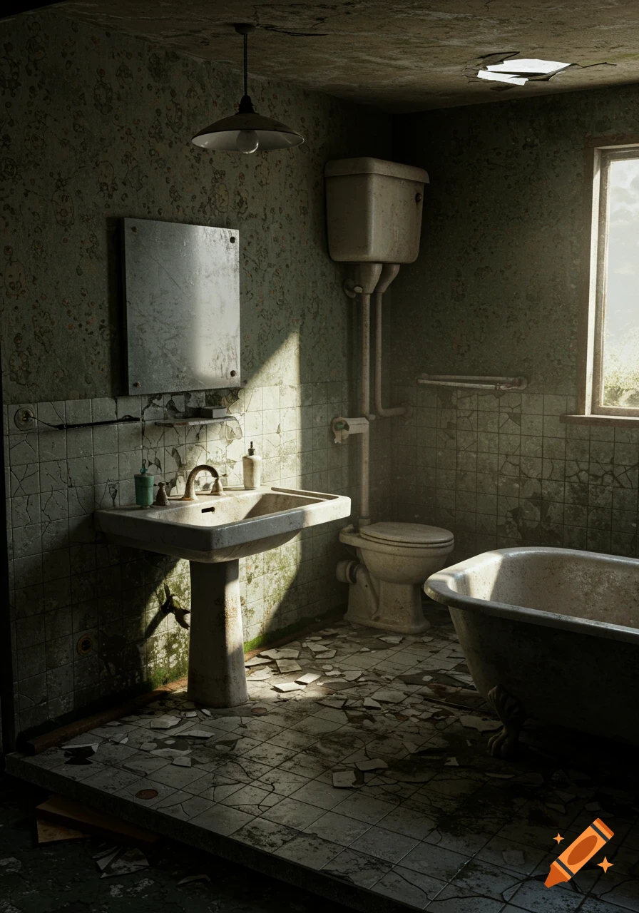 A dark, dilapidated bathroom with a grimy sink, toilet, bathtub, broken floor tiles, and sunlight streaming through a window.