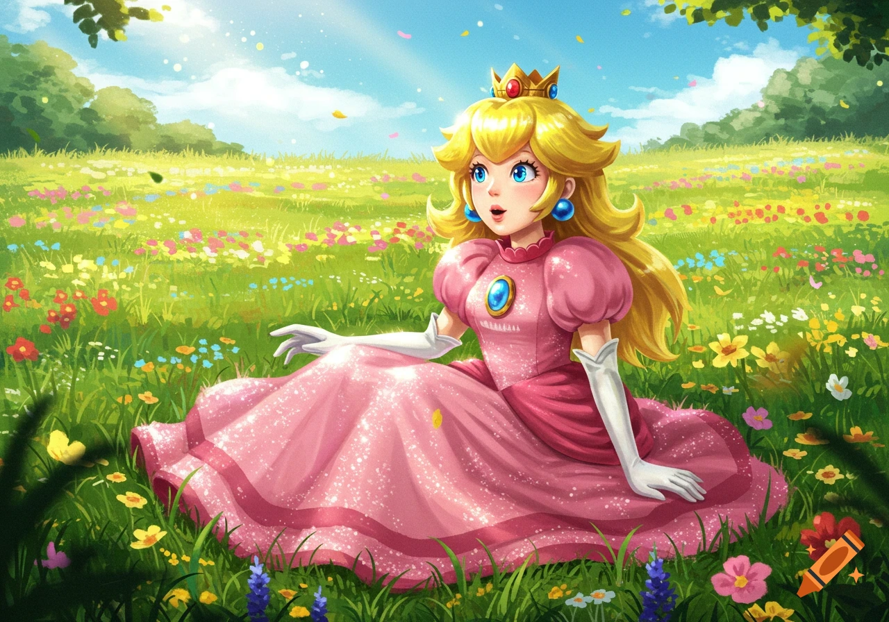 Princess Peach sits in a vibrant, sparkling meadow filled with colorful flowers under a sunny sky, illustration.