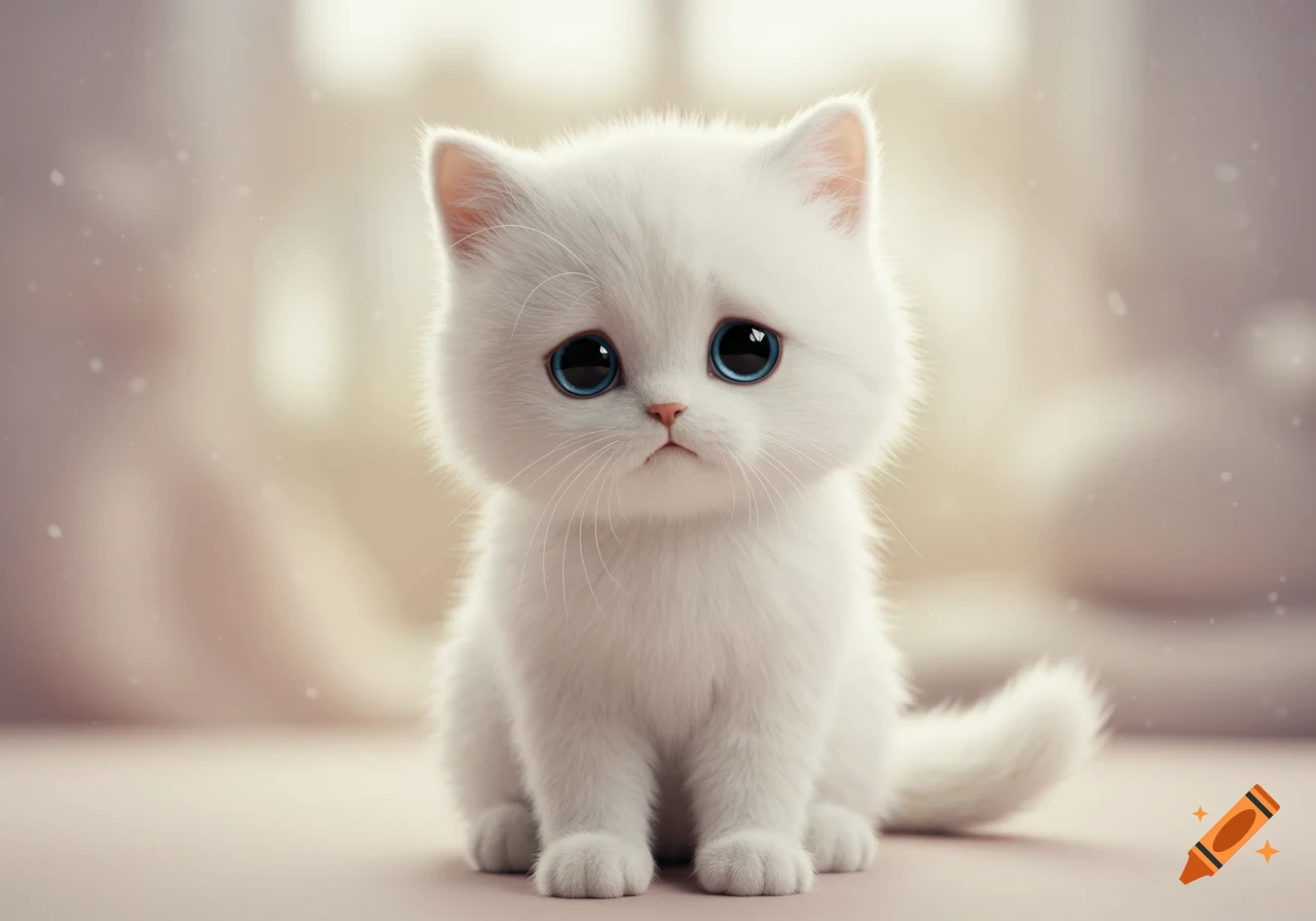 A fluffy white kitten with big blue eyes looks sad directly at the camera in a soft, bright setting.