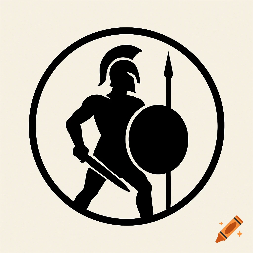 Black silhouette of a Greek warrior with a helmet, shield, sword, and spear, inside a black circle on a light background.