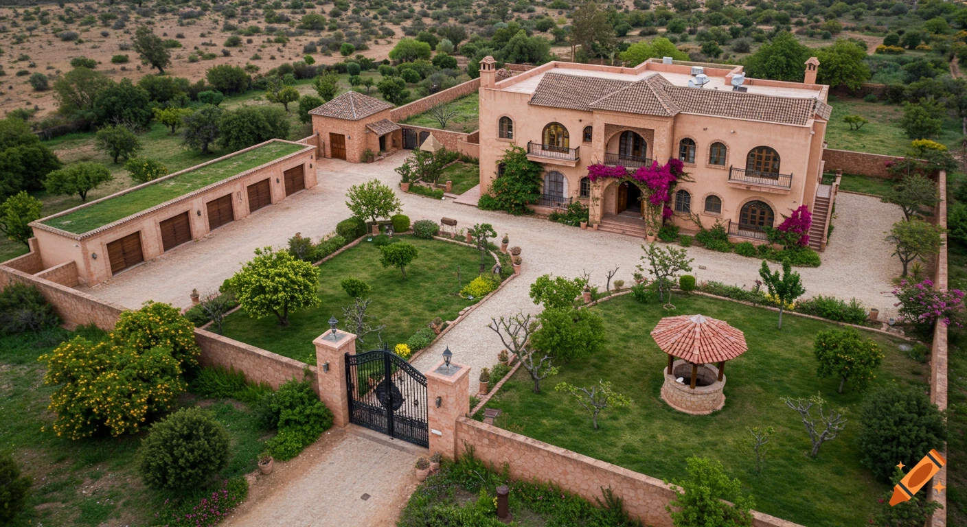Aerial view of a large, pink Mediterranean-style villa, lush gardens, gravel paths, and a long garage building in a dry landscape.