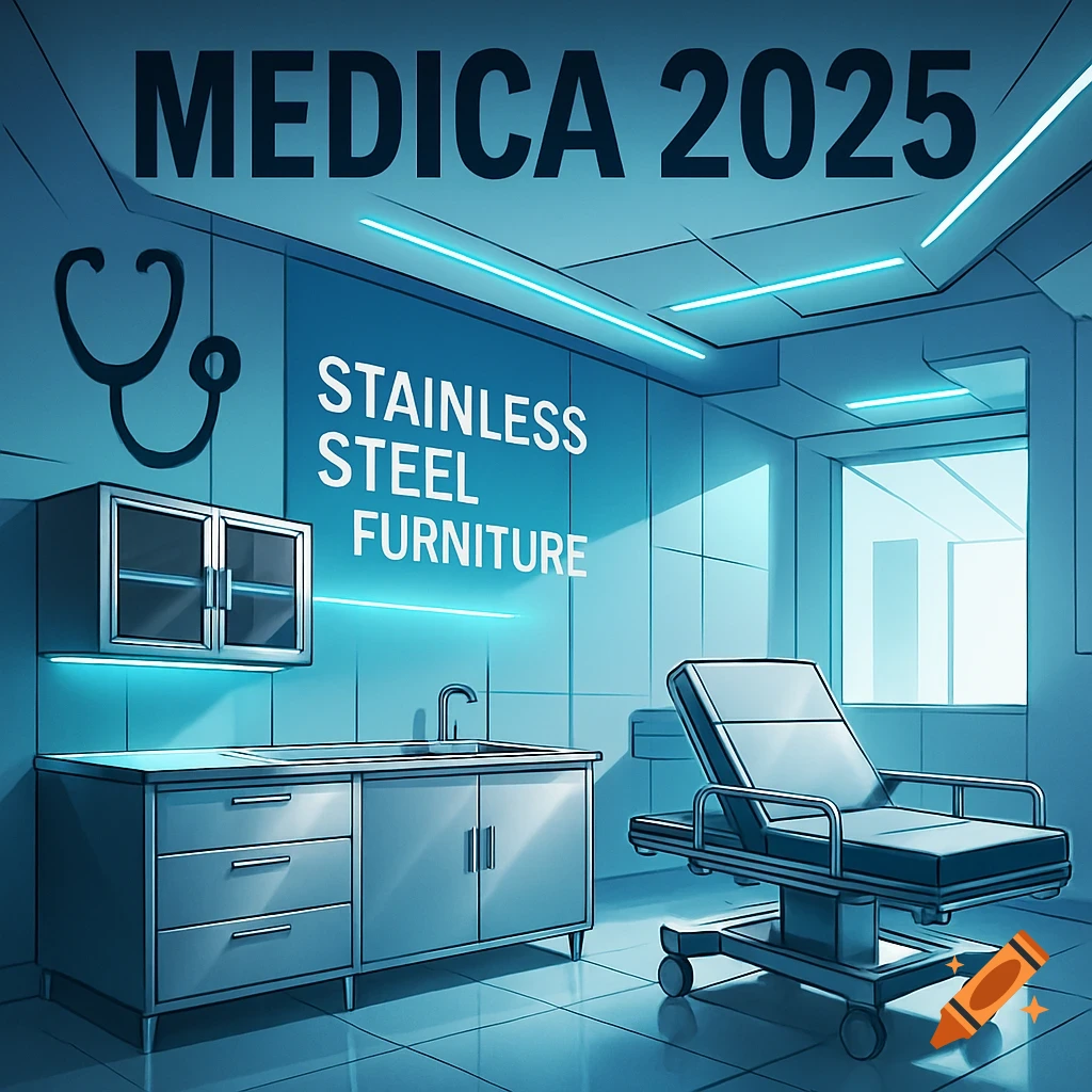 Manga illustration of a sterile medical room with stainless steel furniture, patient bed, and text 'MEDICA 2025'.