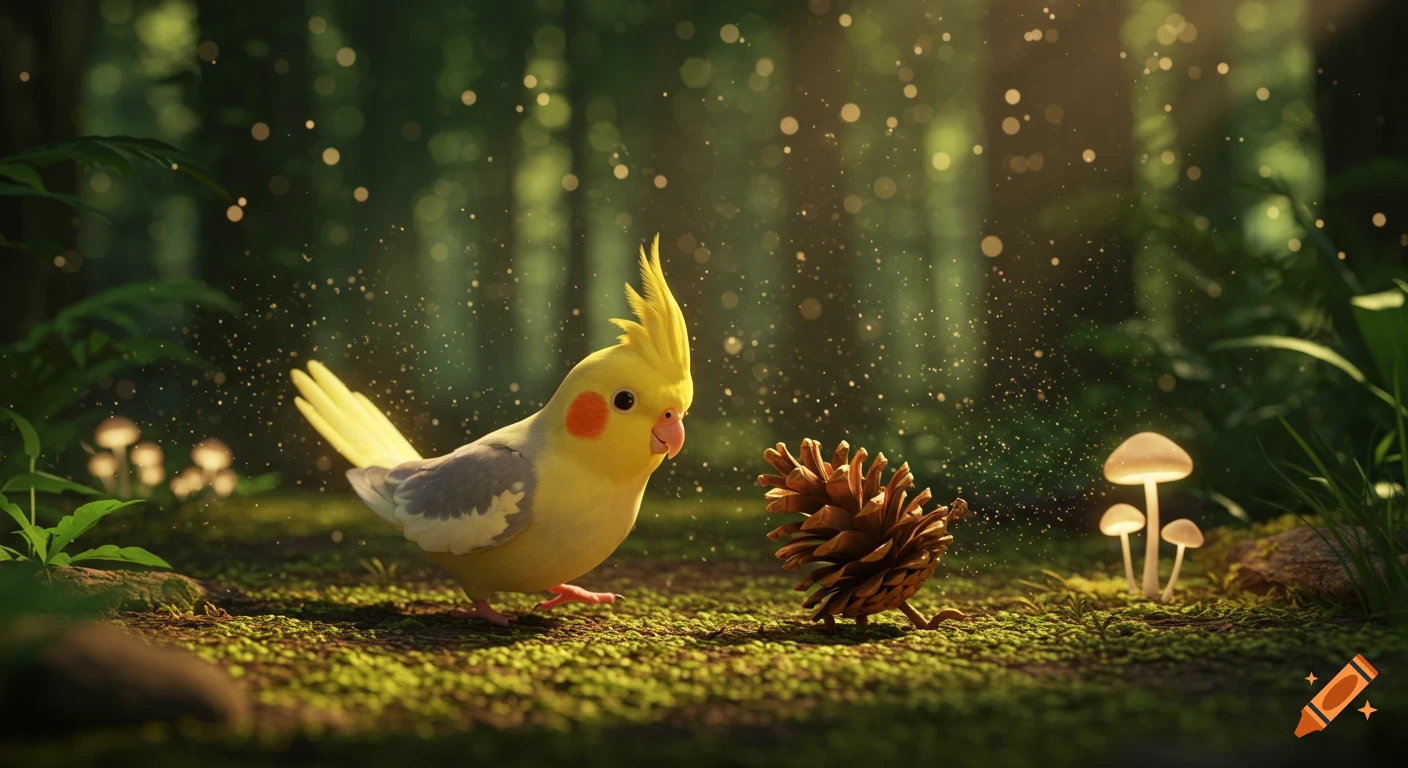 A cute yellow cockatiel with orange cheeks looks at a pine cone on a mossy forest floor with glowing mushrooms, in a magical, detailed, Pixar-style.