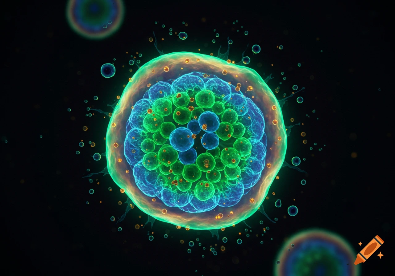 A vibrant, glowing microscopic cell with nested blue and green spheres, surrounded by smaller particles on a dark background.
