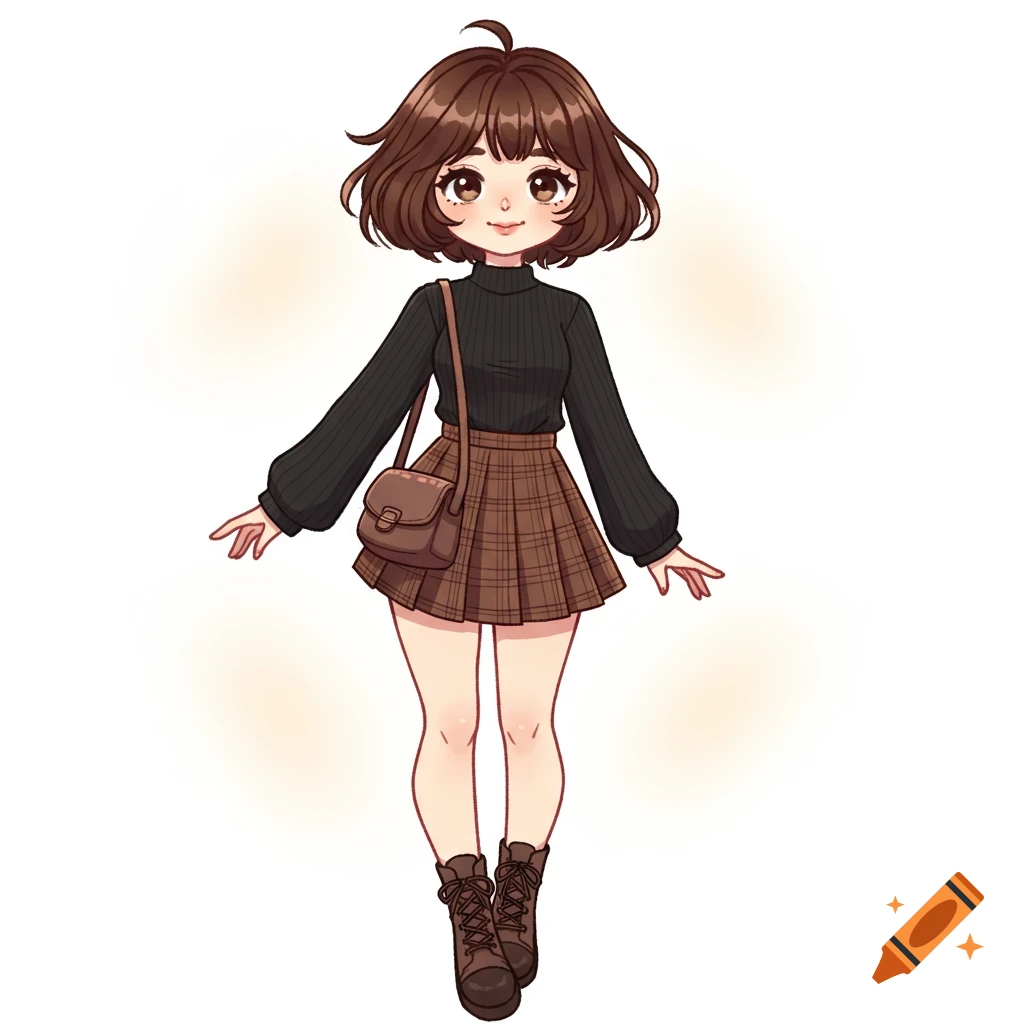 A cute anime girl with short brown hair, black turtleneck, plaid skirt, boots, and shoulder bag stands smiling.