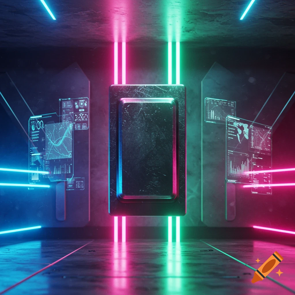 A dark, futuristic room featuring a central metallic object, illuminated by pink and green neon lights, with surrounding holographic data displays.