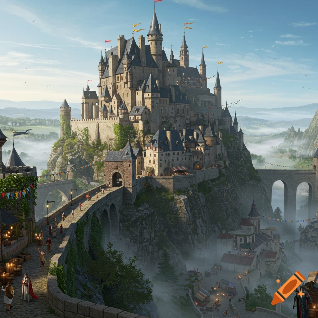 A majestic fantasy castle city built on a towering rock formation, with bridges, smaller buildings, and misty valleys.