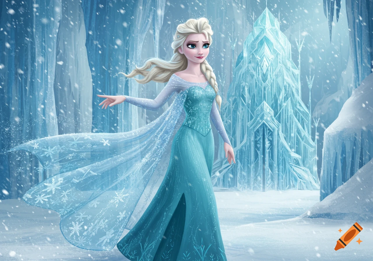 Elsa from Frozen in her ice dress with a flowing cape, standing in a snowy landscape with an ice castle.