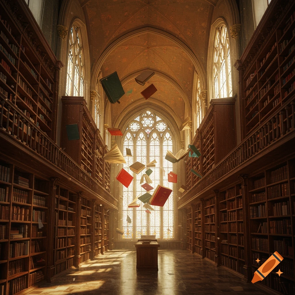 A grand, ornate library hall with tall wooden bookshelves and many colorful books magically floating in the sunlit air.