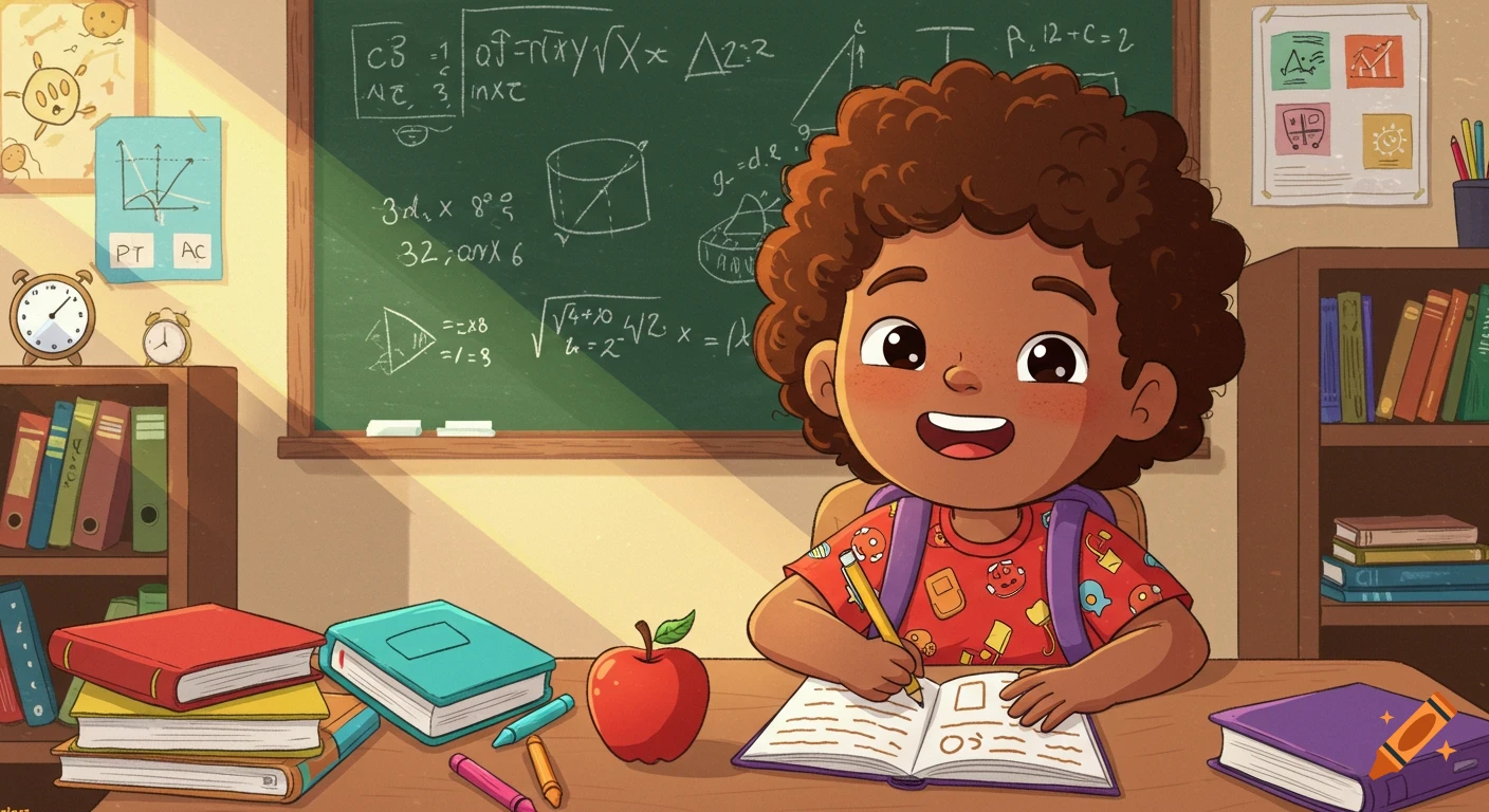 A smiling cartoon child with curly hair sits at a desk in a classroom, writing in an open book with a pencil. A blackboard with equations and bookshelves are in the background.