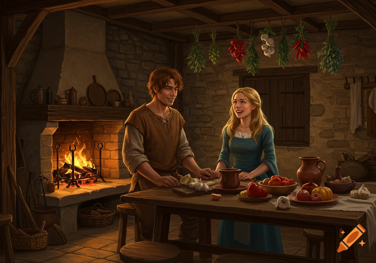 A young medieval couple smiles, preparing food in a rustic kitchen with a roaring fireplace and hanging herbs.