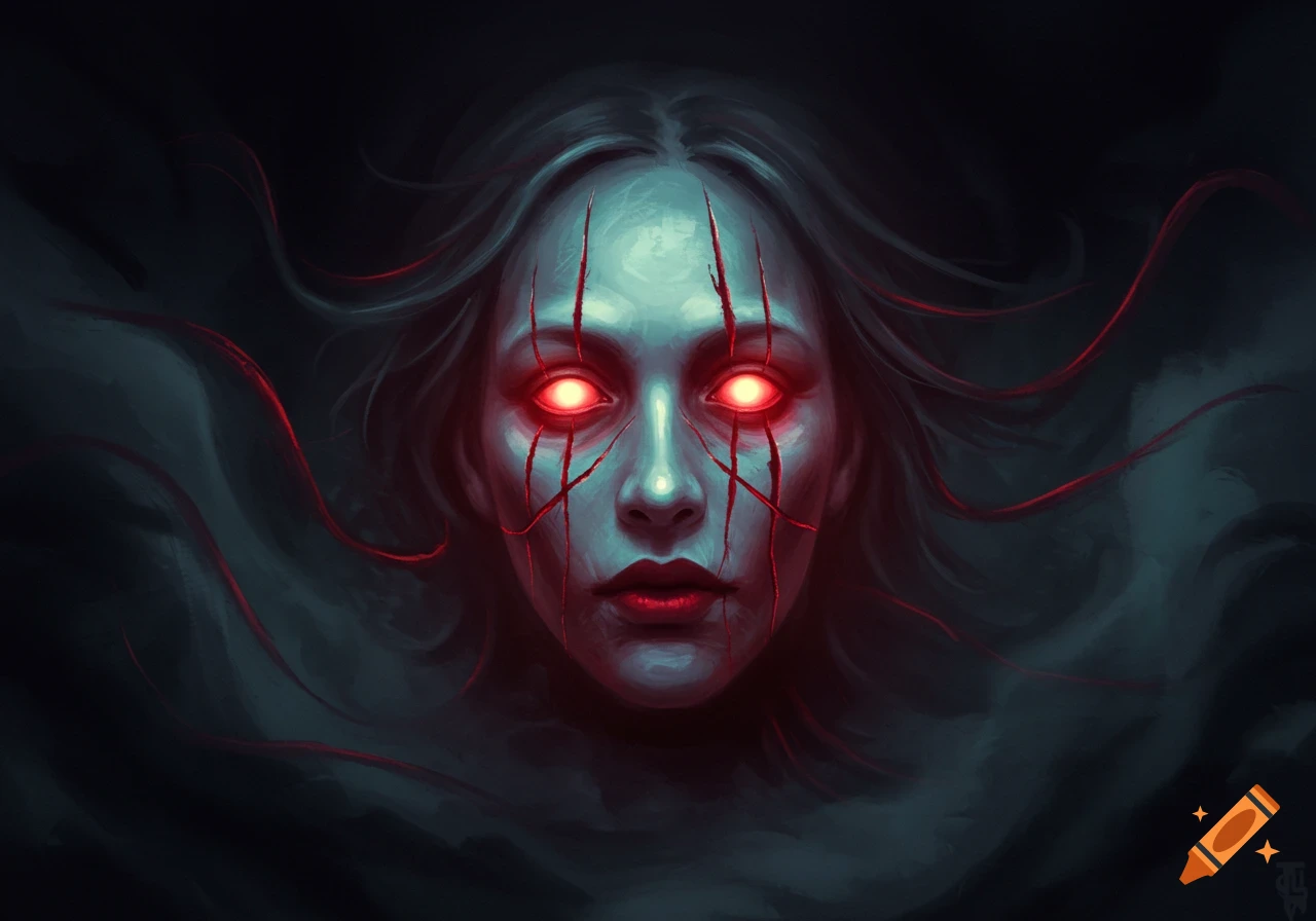 A haunting digital painting of a pale ghost face with glowing red eyes and red scratches, framed by dark, wispy hair.