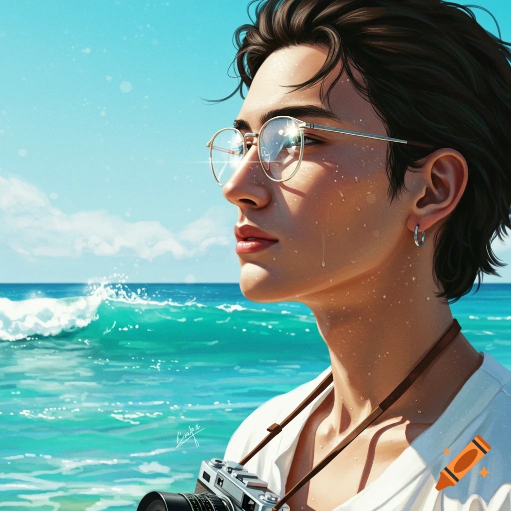 Illustrated profile of a person with glasses and a camera looking out at the turquoise sea on a sunny day.
