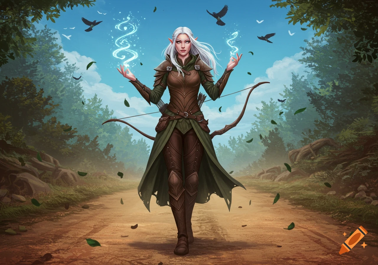 A white-haired elven woman in green and brown armor walks on a forest road, holding a bow and casting blue magic.