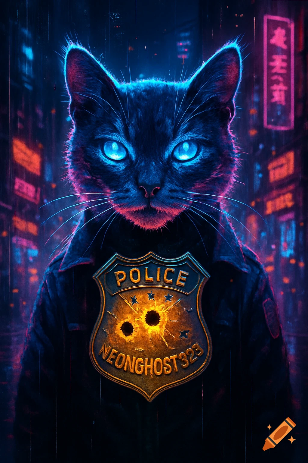 A cyberpunk black cat with glowing blue eyes wears a police uniform and a bullet-holed badge in a neon-lit city.