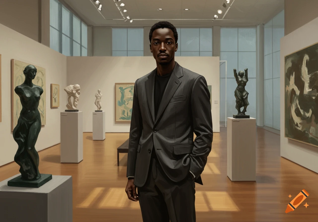 A Black man in a dark suit stands centrally in a modern art museum with various sculptures and paintings on display.
