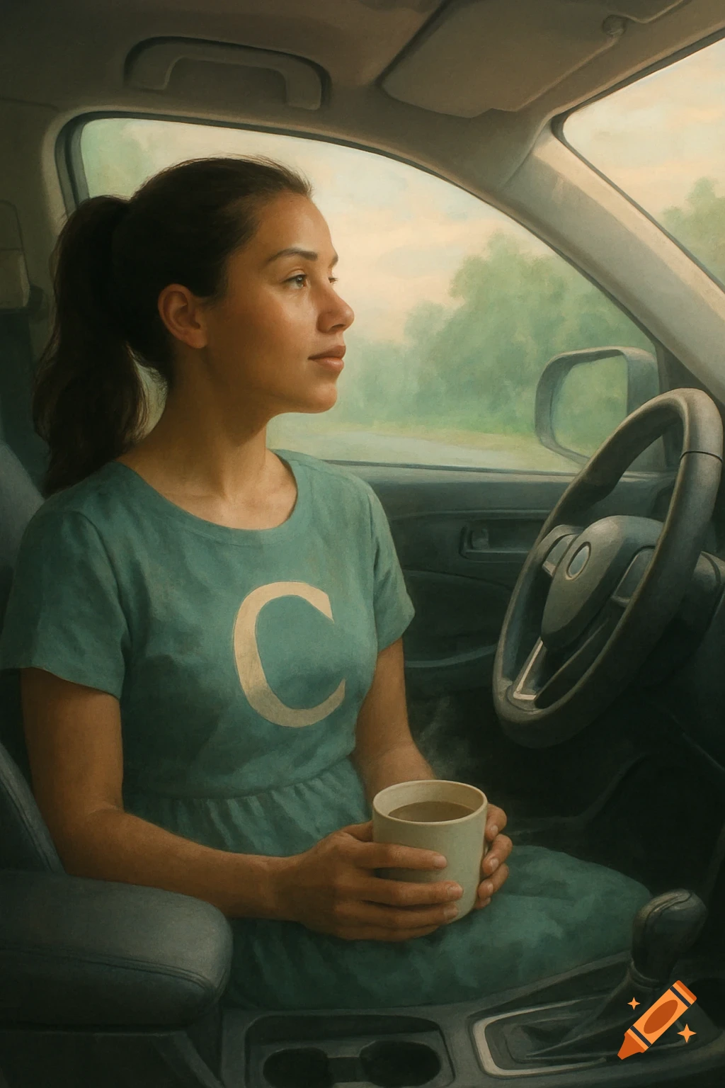 A woman with a ponytail in a teal dress with a white 'C' sits in a car, holding a coffee cup, looking thoughtfully out the window. Oil painting style.