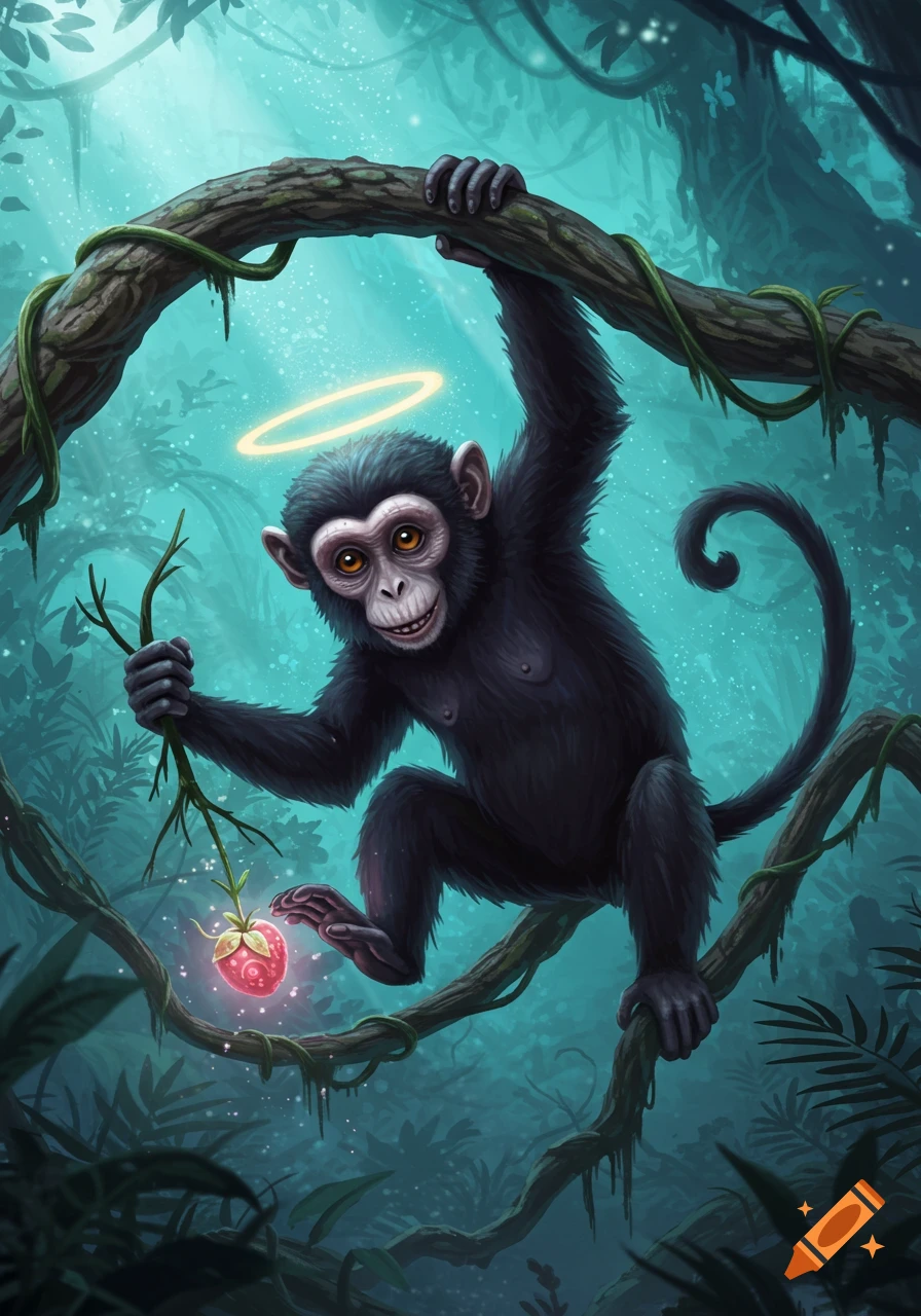 A mischievous cartoon monkey with a halo hangs from a vine in a vibrant jungle, holding a glowing pink strawberry.
