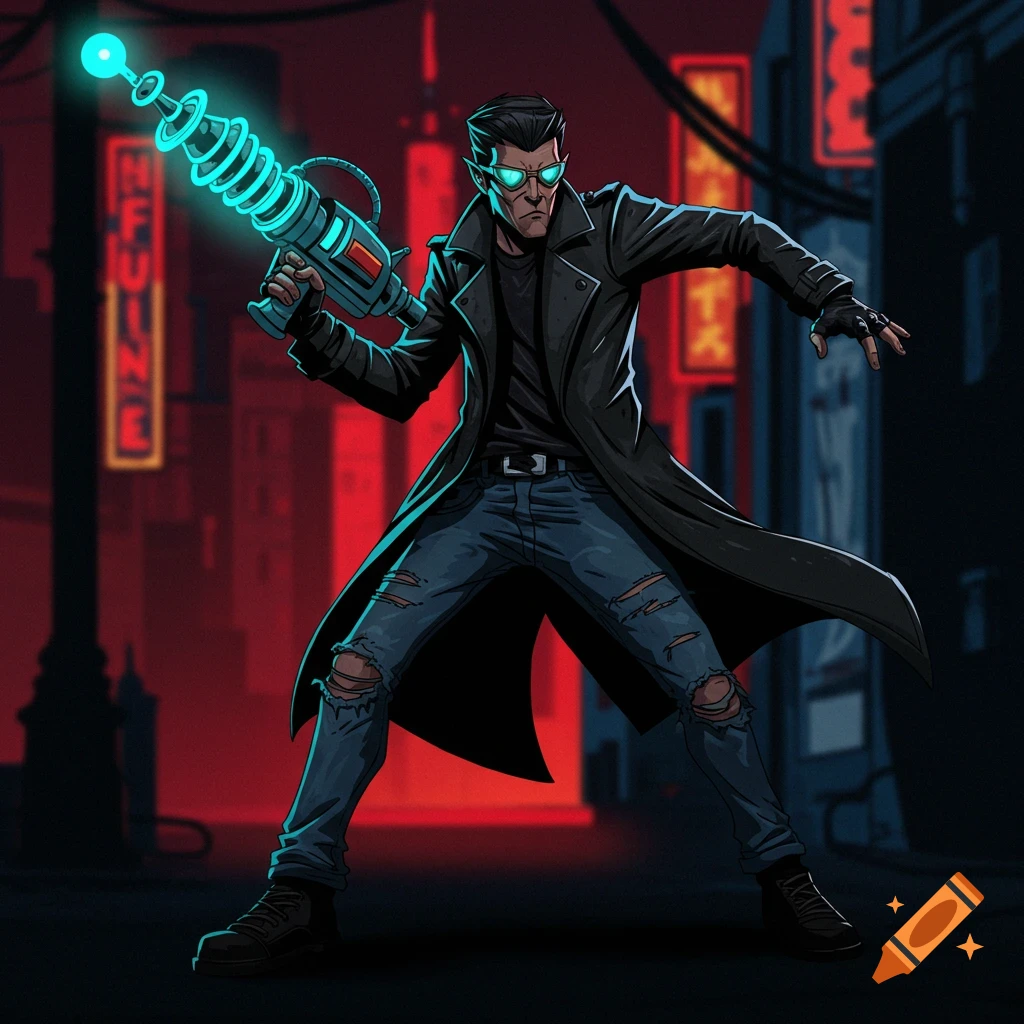 A stylized man in a black trench coat and ripped jeans holds a glowing ray gun in a neon-lit city street.