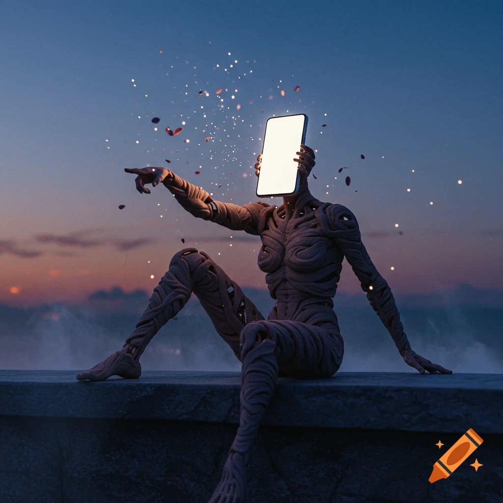 A surreal, humanoid figure made of woven material sits on a ledge with a glowing phone for a face, pointing into the twilight sky.