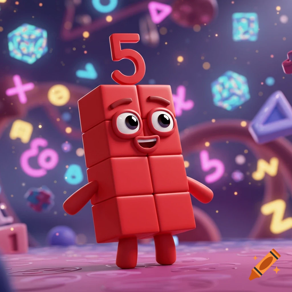 A cheerful, red block character with the number 5 on its head stands in a whimsical, colorful background filled with numbers and shapes.