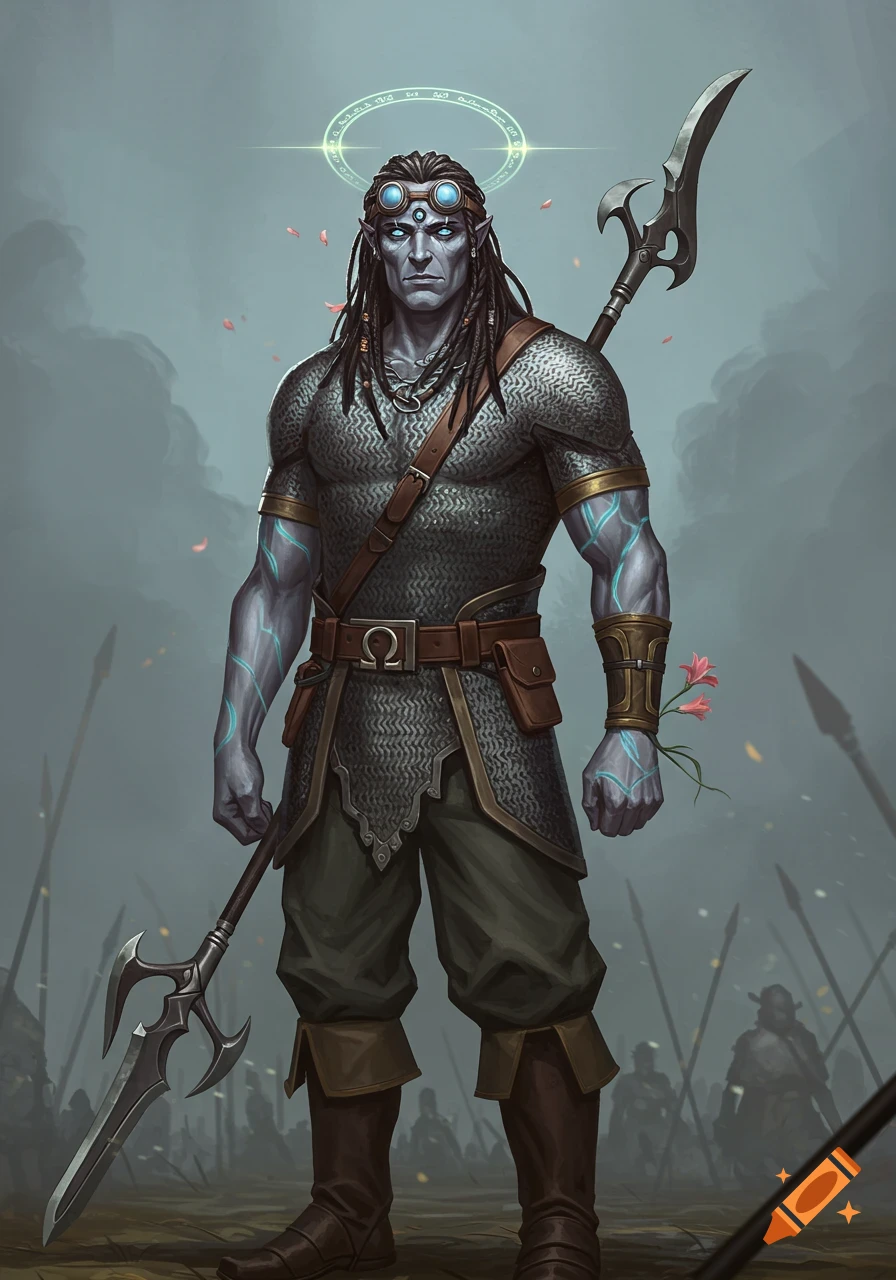 A gray-skinned male warrior with dreadlocks, goggles, and glowing arm lines, holding a polearm. He wears chainmail and a belt with an Omega symbol.