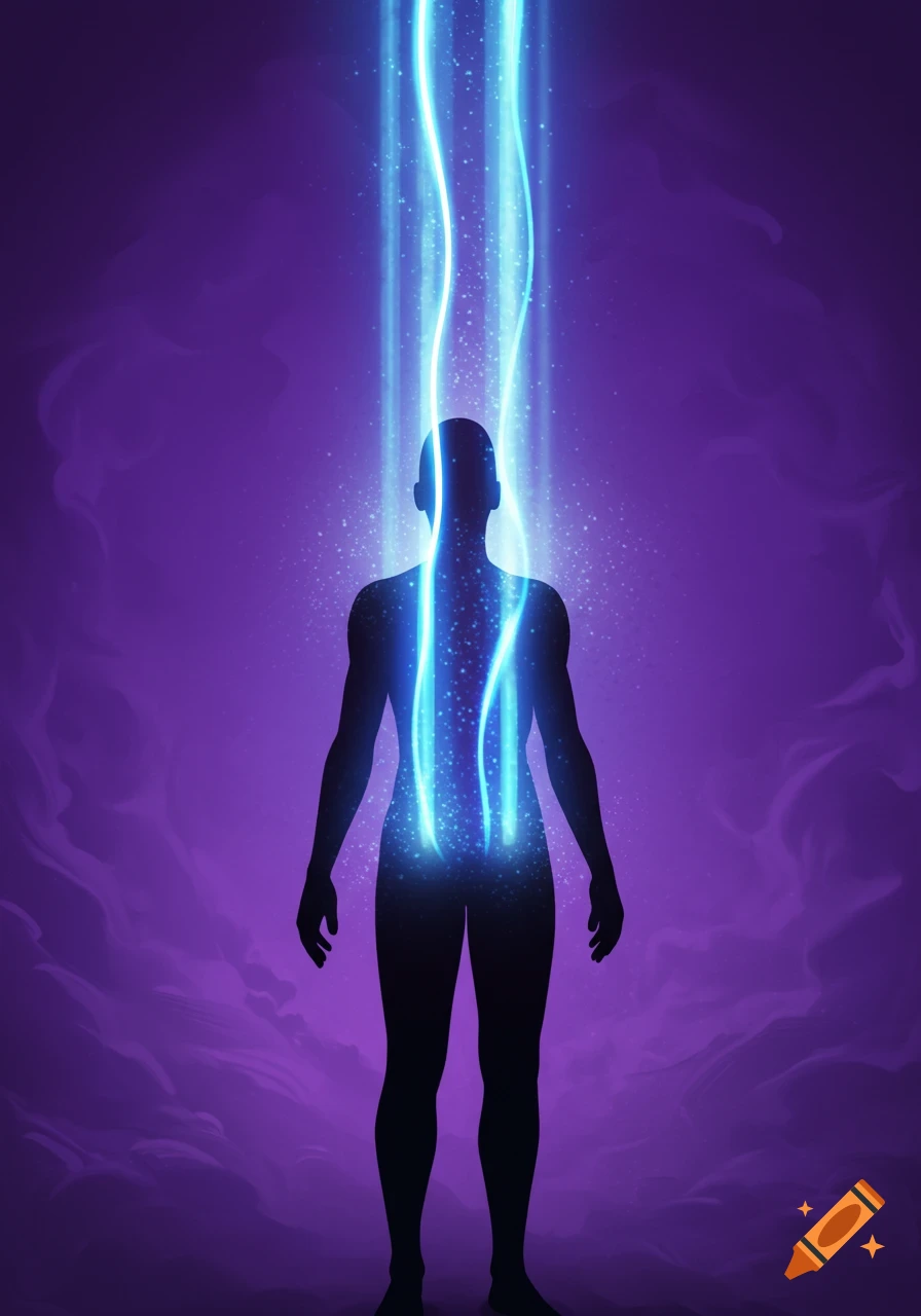 Stylized illustration of a person's silhouette receiving glowing blue and white light against a vibrant purple background.