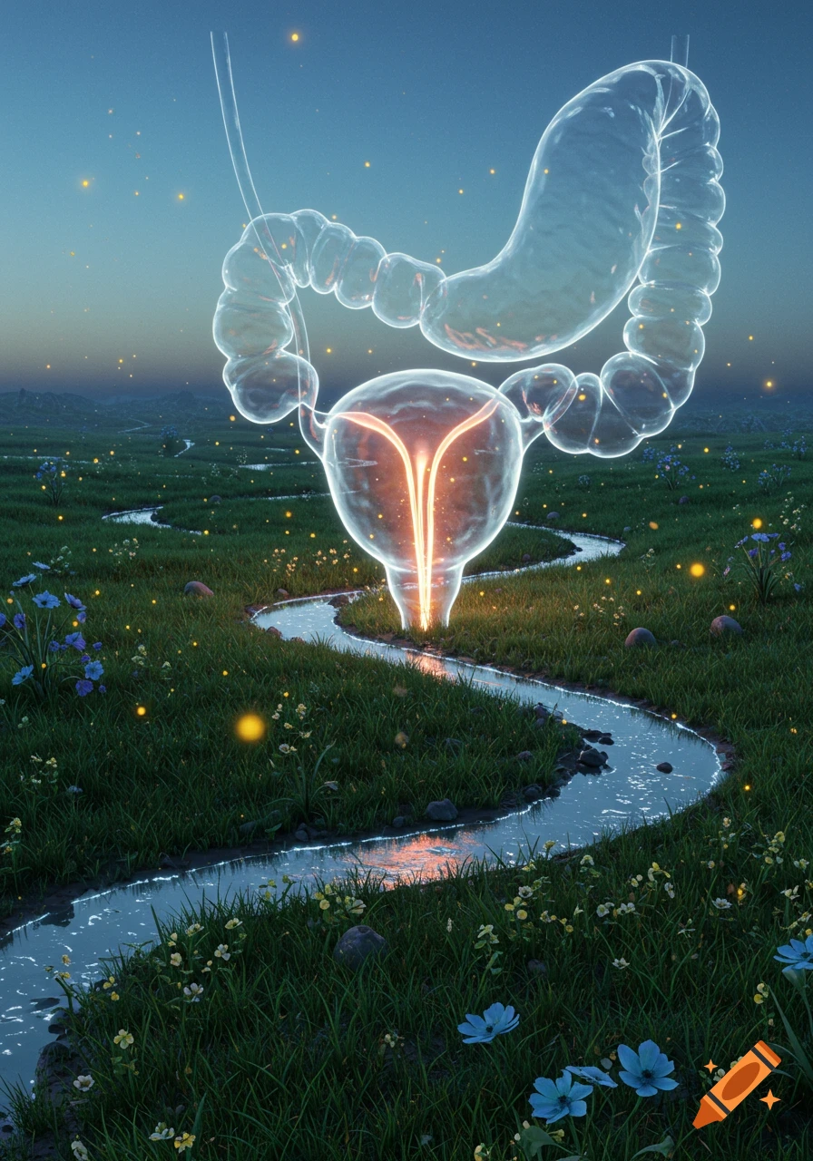 Translucent, glowing uterus, bladder, and colon float above a winding stream in a grassy field with flowers at twilight.