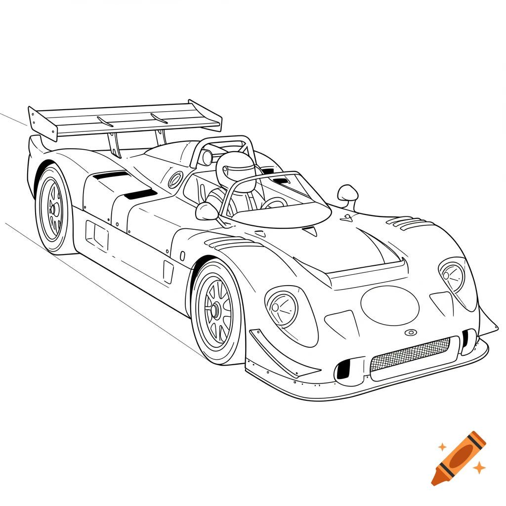 Black and white line art of a race car, ready for coloring, on a white background.
