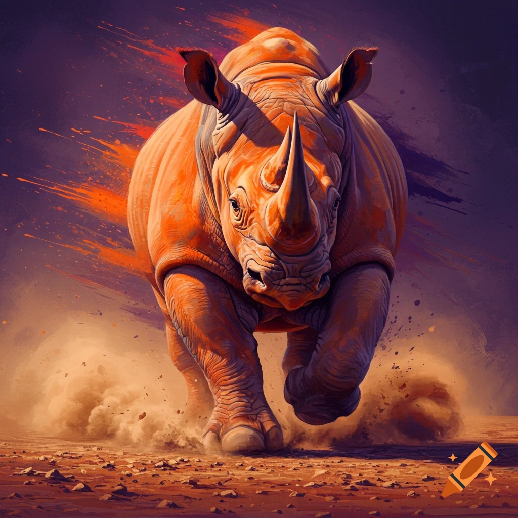 A powerful orange and violet rhinoceros charges forward, kicking up dust in a stylized art piece.