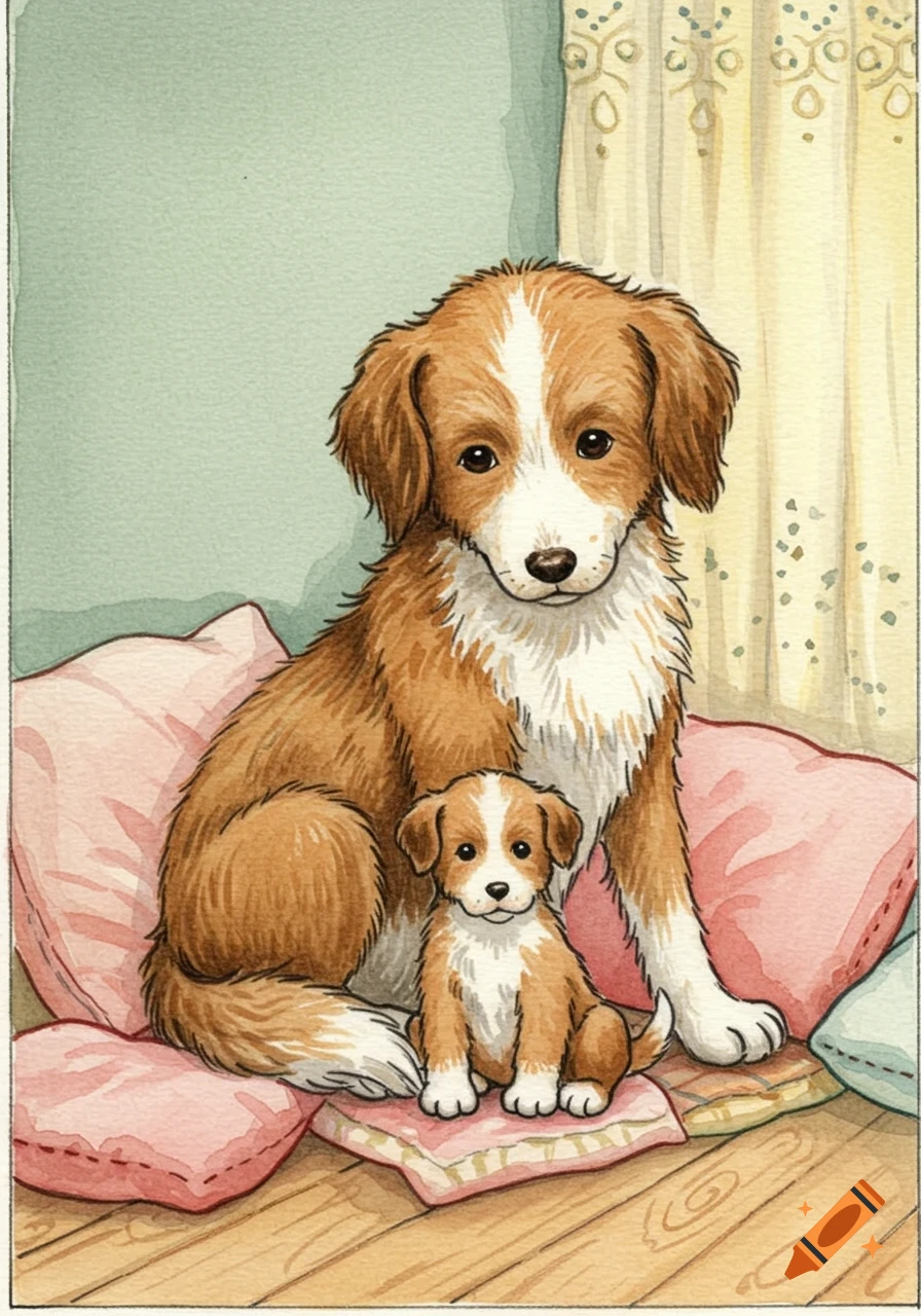 A charming watercolor illustration of a brown and white mother dog sitting with her small puppy on pink cushions in a cozy room.
