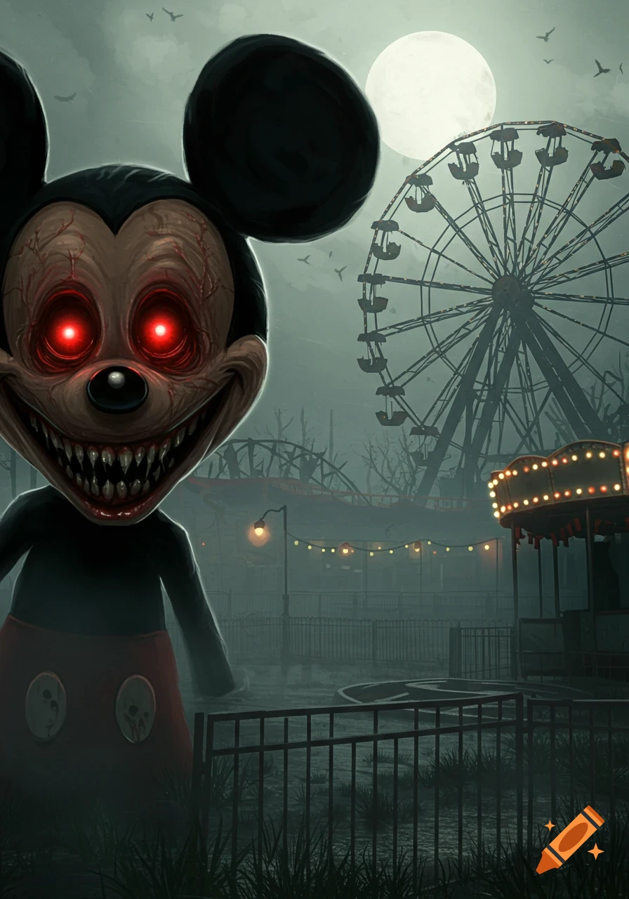 A scary, distorted Mickey Mouse with red eyes and sharp teeth in a dark, abandoned amusement park with a Ferris wheel and full moon.
