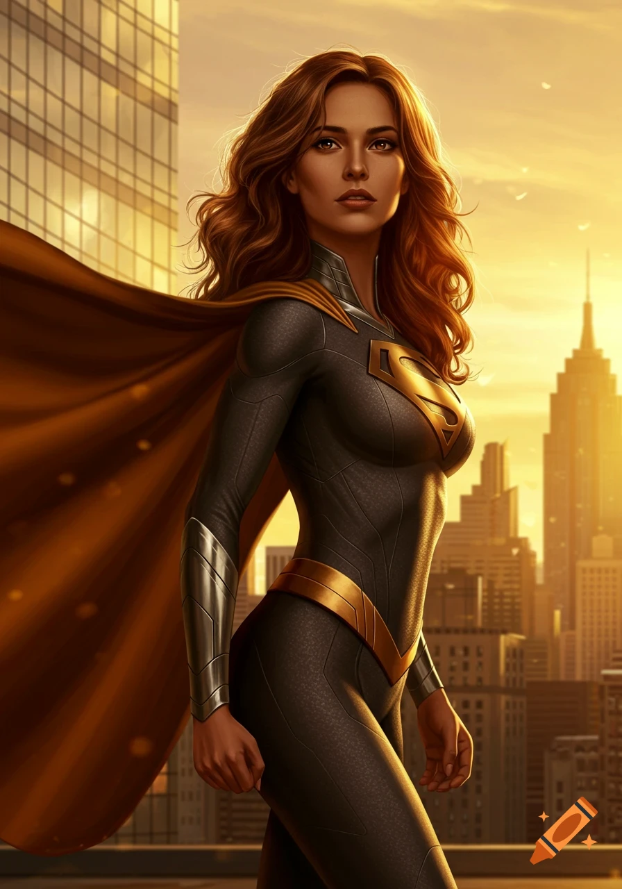 A superheroine with long brown hair, wearing a dark suit with a gold 'S' symbol and cape, stands before a city at sunset.