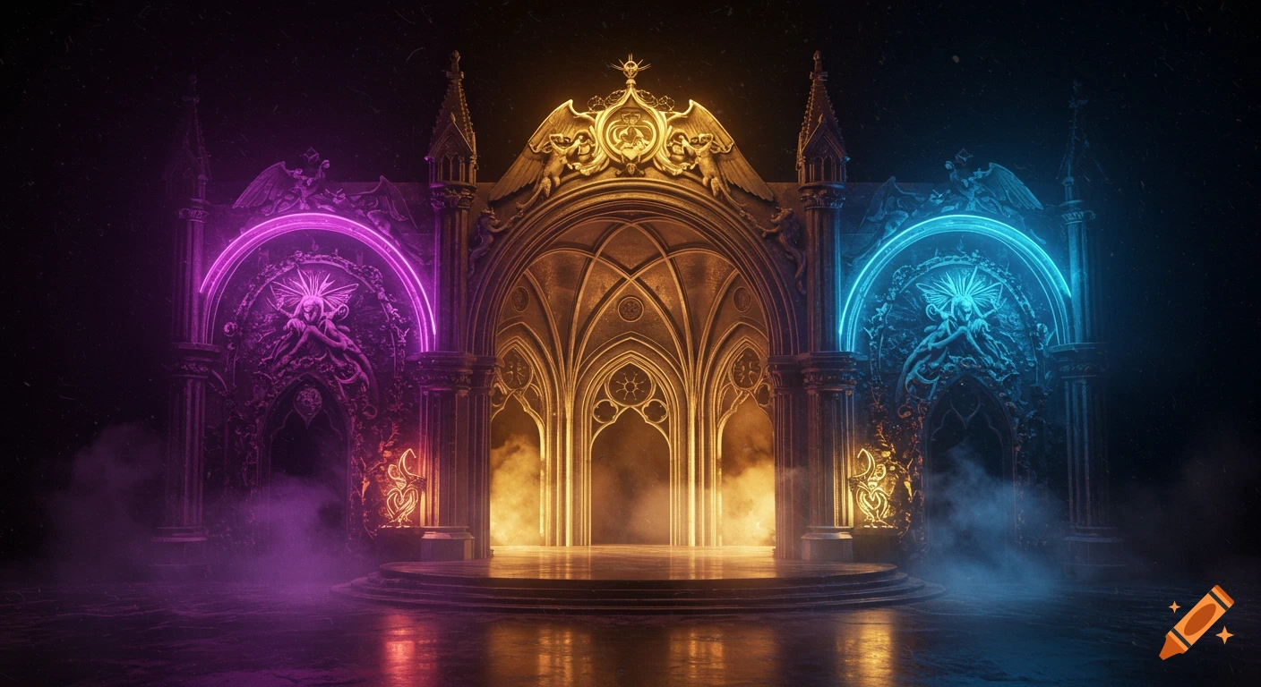 Dramatic golden gothic archway with purple and blue neon lights, smoke, and reflections on a dark stage.