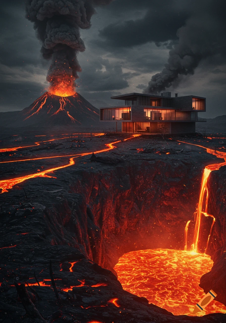 A modern house sits precariously close to an erupting volcano with rivers of glowing lava flowing around it and into a chasm.