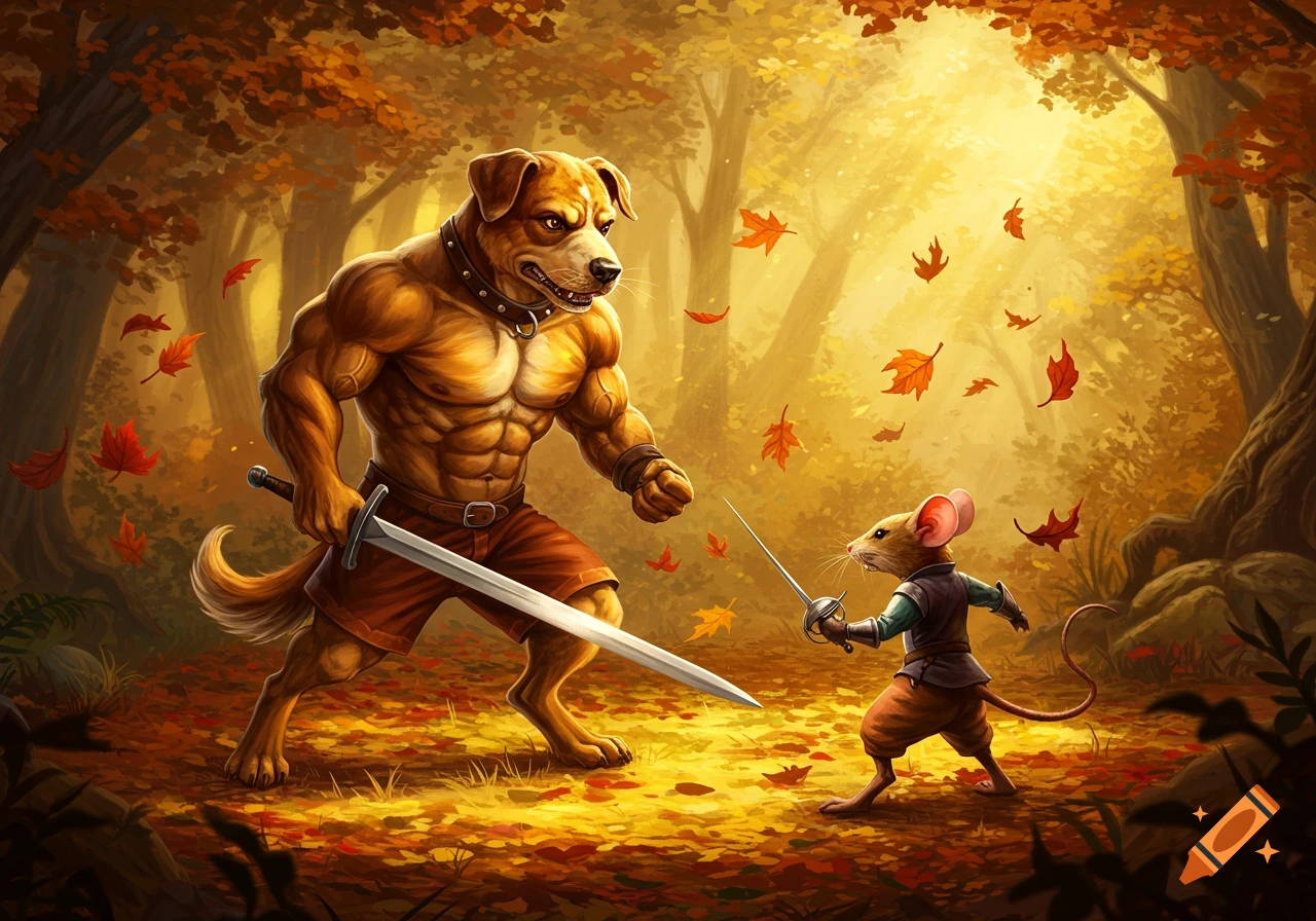 A muscular anthropomorphic dog with a sword battles a mouse with a rapier in an autumn forest.