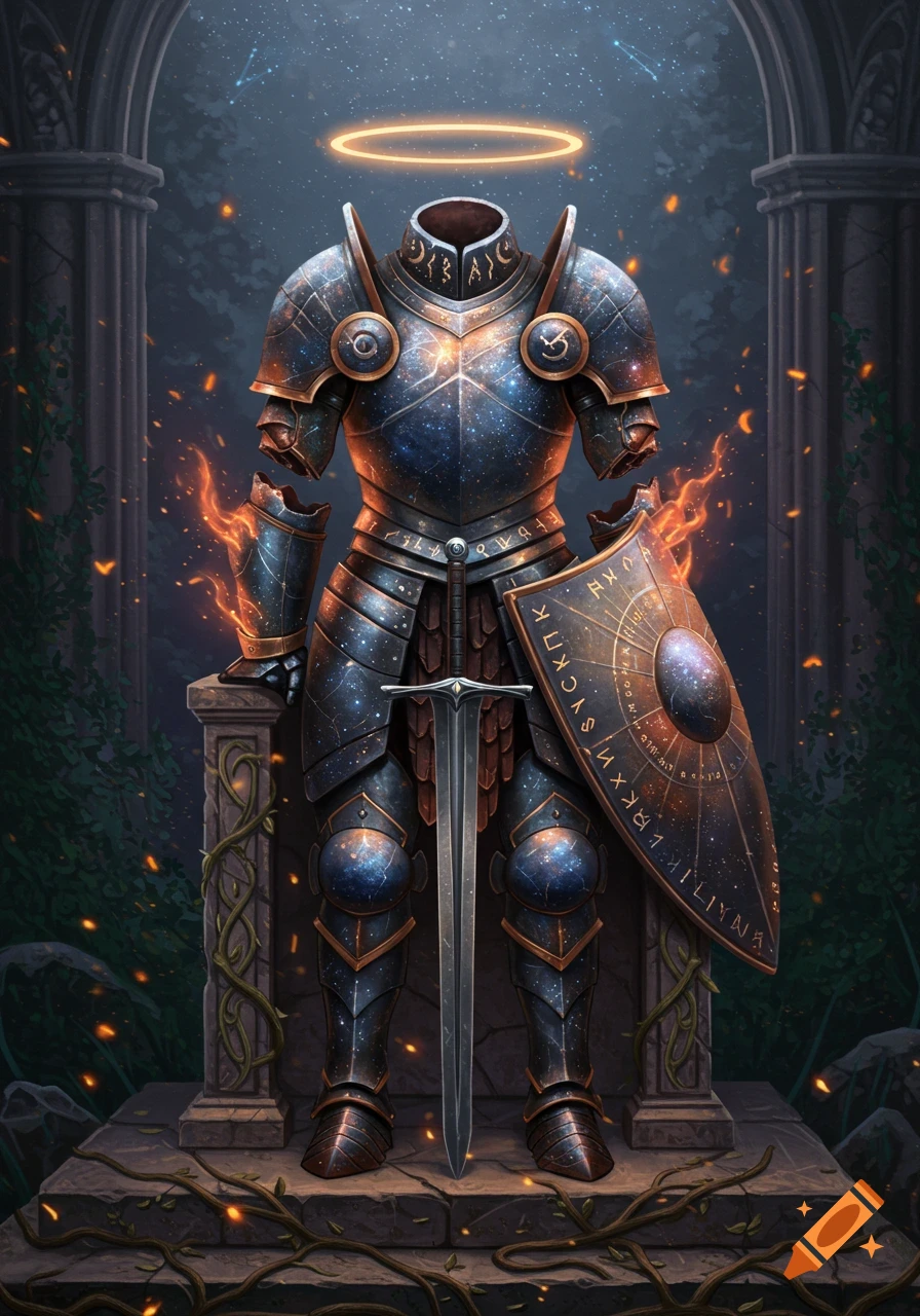 Ornate, headless cosmic armor with a halo, sword, and shield on a stone pedestal in an ethereal forest.