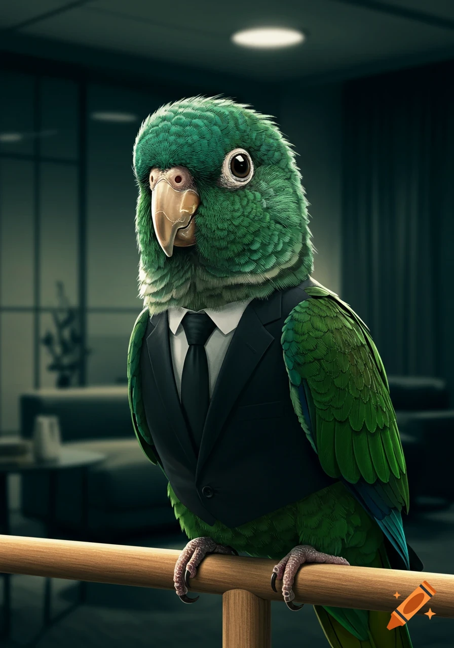 A photorealistic turquoise green-cheek conure parrot dressed in a black suit and tie, perched on a wooden bar in an office setting.