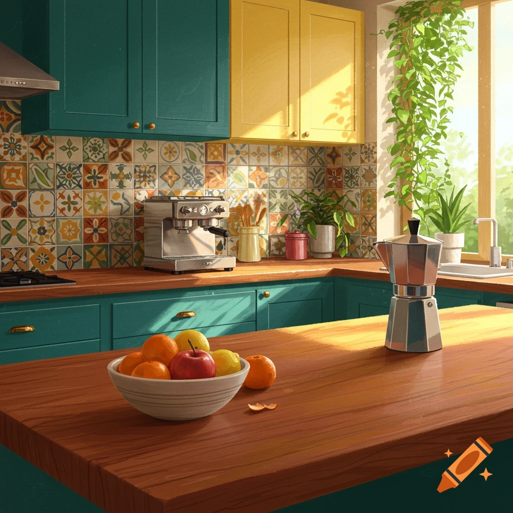 A vibrant kitchen with teal cabinets, yellow overhead cupboards, a patterned backsplash, and a wooden counter with fruit and coffee makers.