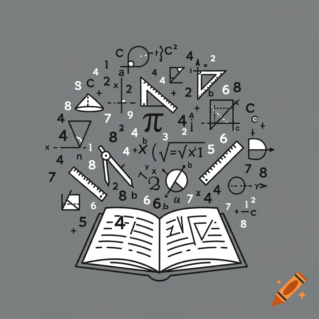 A pictogram illustration featuring an open book with mathematical symbols, numbers, and geometry tools floating above it on a grey background.