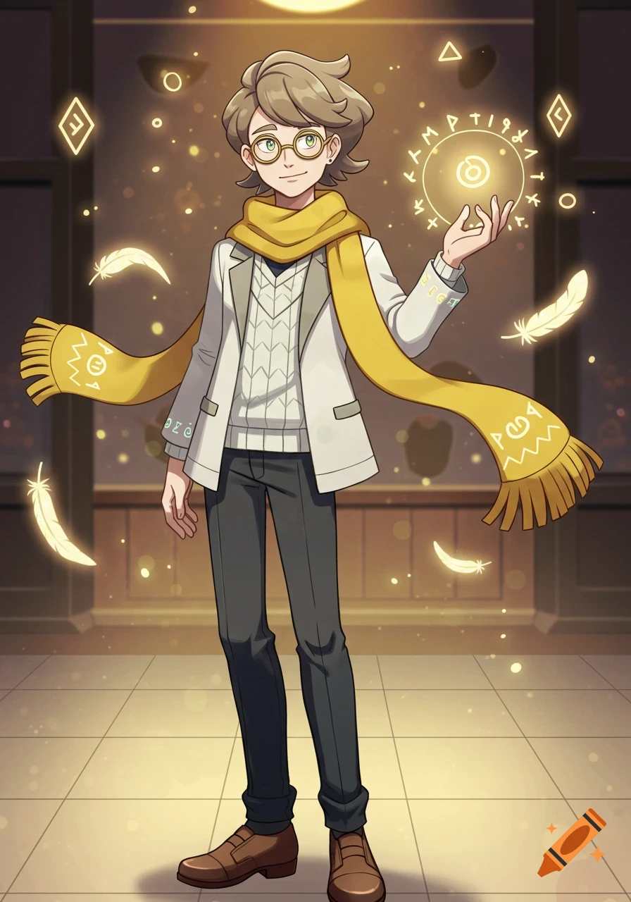 Anime male Pokémon Gym Leader in glasses and yellow scarf, standing with a glowing psychic aura and floating symbols.