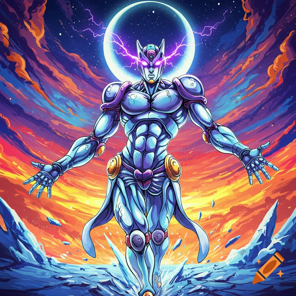 A muscular, stylized blue and purple humanoid figure with glowing eyes stands on an icy terrain against a vibrant cosmic sunset sky with a bright moon and lightning.