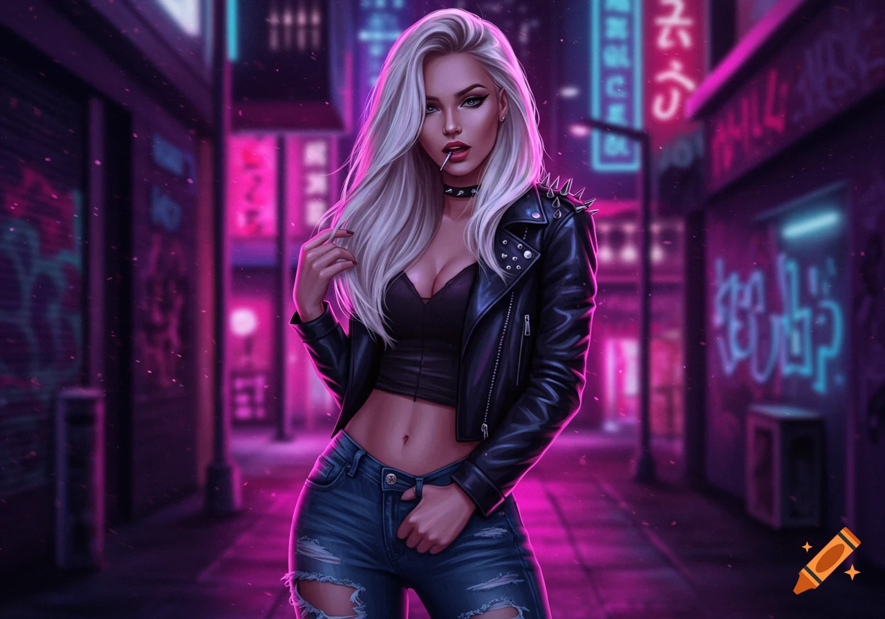 A woman with blonde hair in a leather jacket and ripped jeans stands in a neon-lit cyberpunk alley.