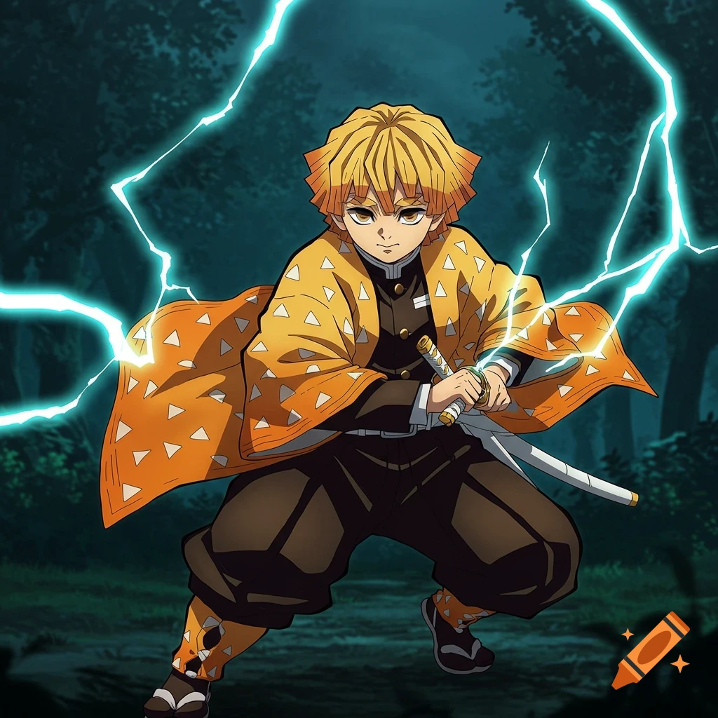 Anime style depiction of Zenitsu from Demon Slayer, crouching with his katana as blue lightning crackles around him in a dark forest.