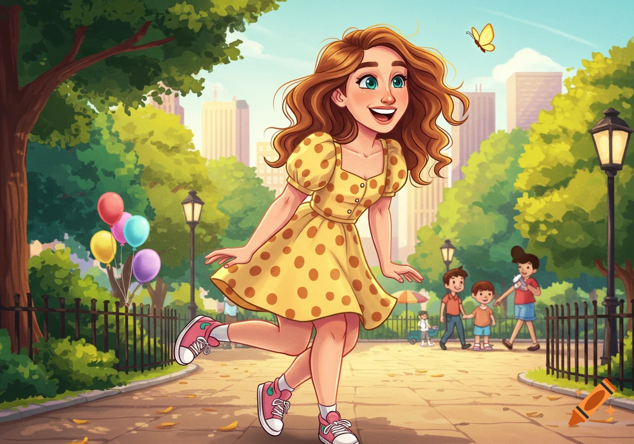 A happy cartoon girl with wavy brown hair, wearing a yellow polka-dot dress, skips through a sunny city park with balloons and other children.
