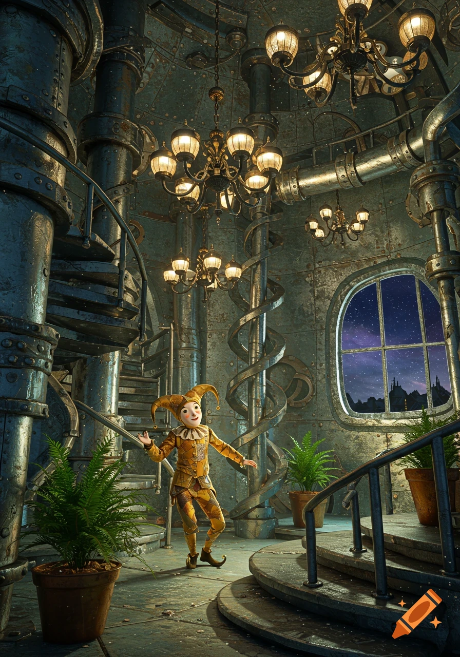 A jester stands in an intricate metallic room with spiral stairs, ornate chandeliers, potted ferns, and a window to a starry night sky.