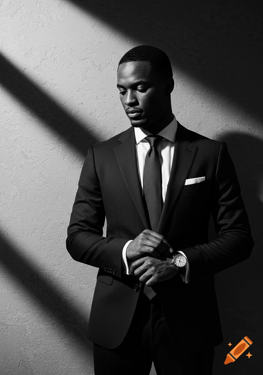 Black-and-white portrait of a sharply dressed man in a suit, adjusting his wristwatch against a textured wall with dramatic angular shadows.